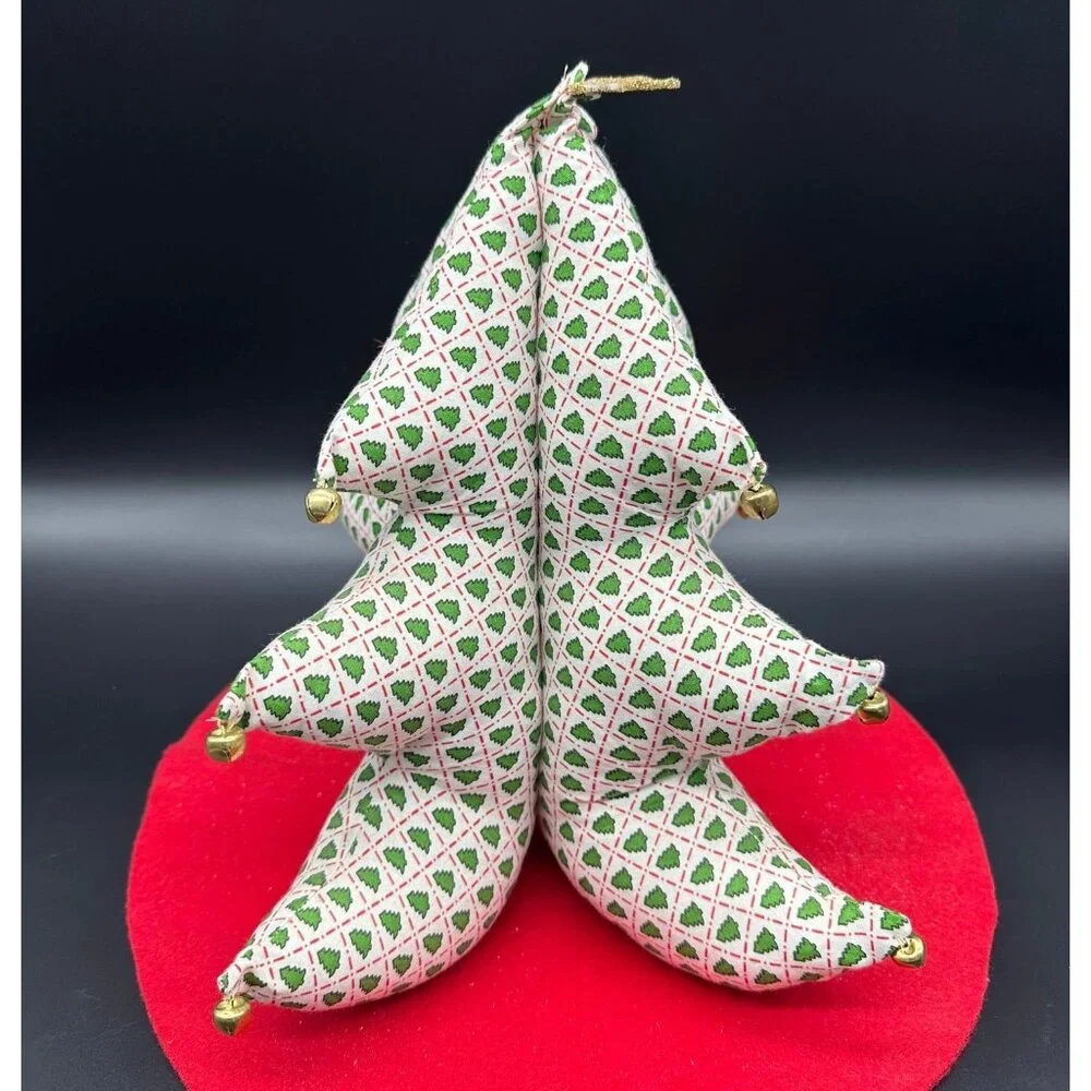 Vintage Christmas Tree Handmade Fabric Tabletop Display Retro White Green Bells - Picture 3 of 10